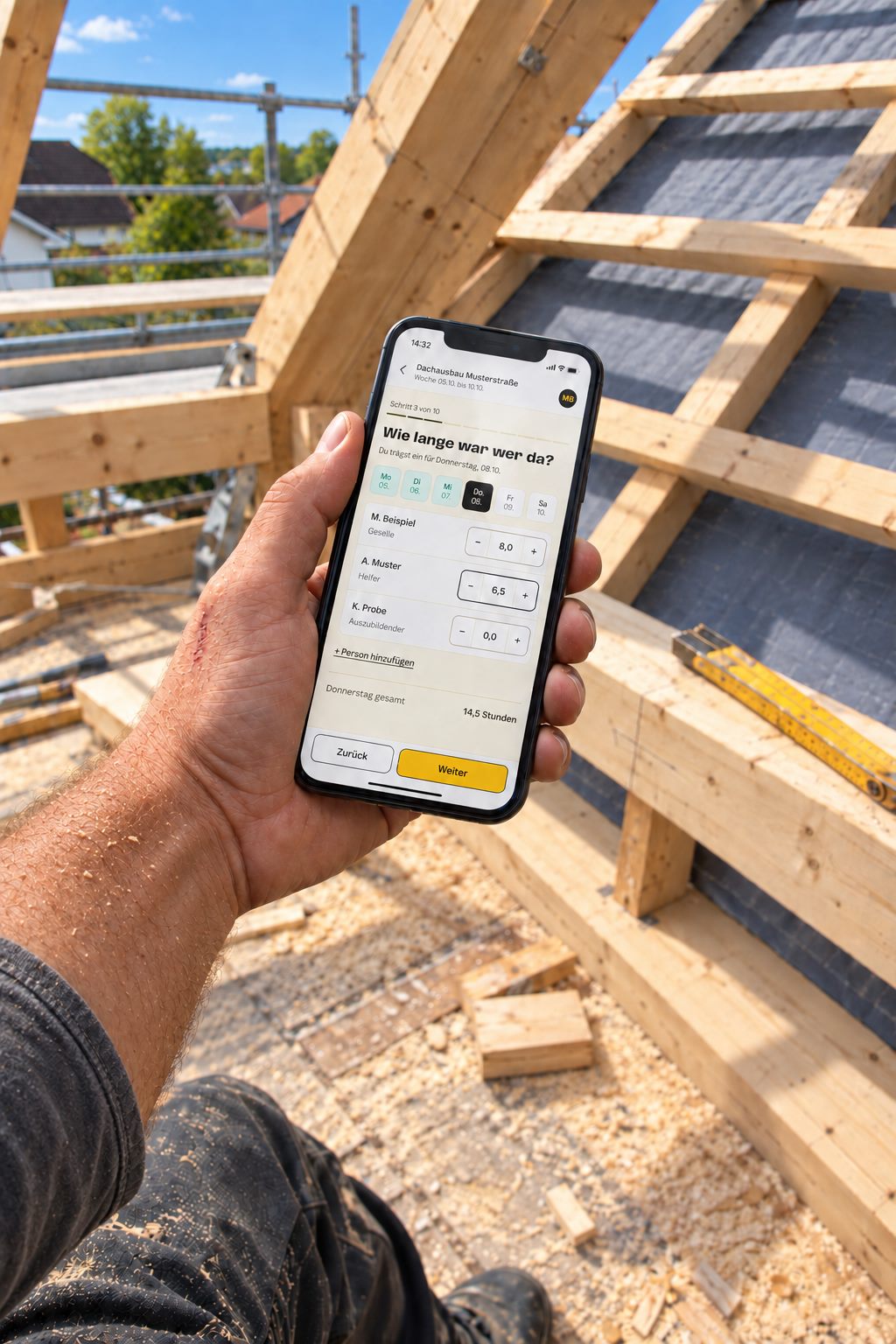 Hand mit Handy auf einer Baustelle im Dachausbau