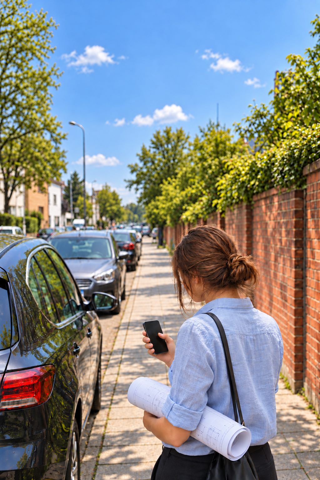 Person mit Handy und Planrolle auf der Straße